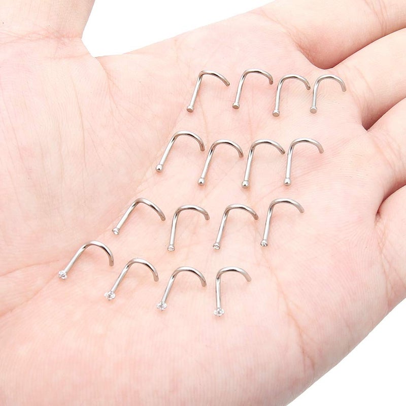 Hoeudjo Nose Rings 18G Nose Screw Studs Surgical Steel 1.5MM Clear Crystal Nostril Ring Body Piercing Jewelry for Women Men Silver-Tone 16 Pieces - Image 3